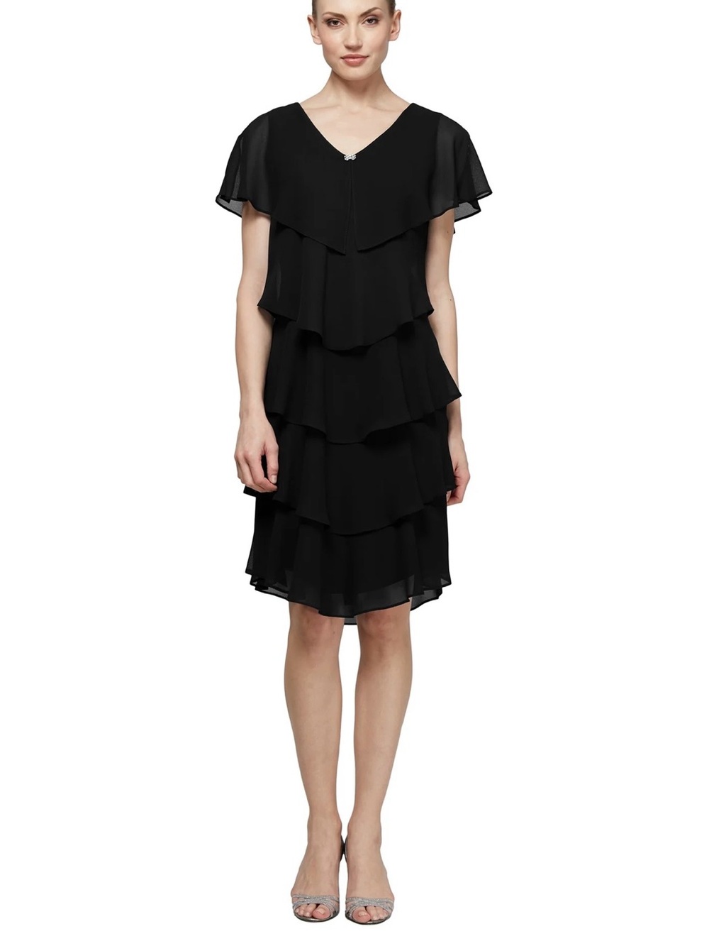 SLNY 18W GEORGETTE TIERED COCKTAIL DRESS Black Layered Ruffle Chiffon Dress